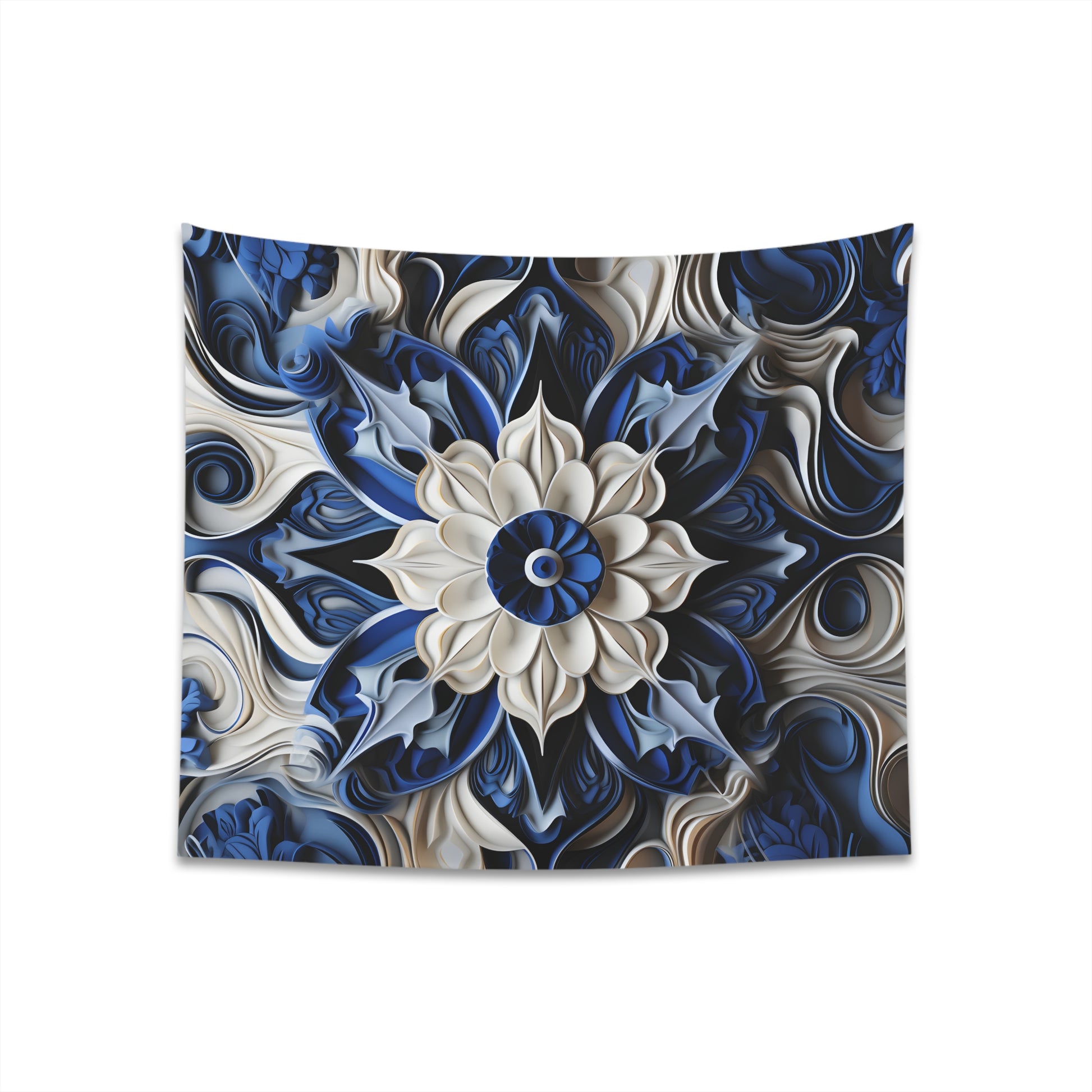 "Porcelain Serenity Tapestry - Azure Echoes of Elegance | High-Quality Artwork for Home Decor"