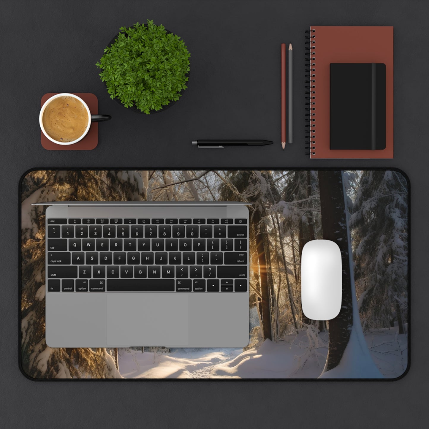 "Snowy Winter Forest Desk Mat for Stylish and Serene Workspace"