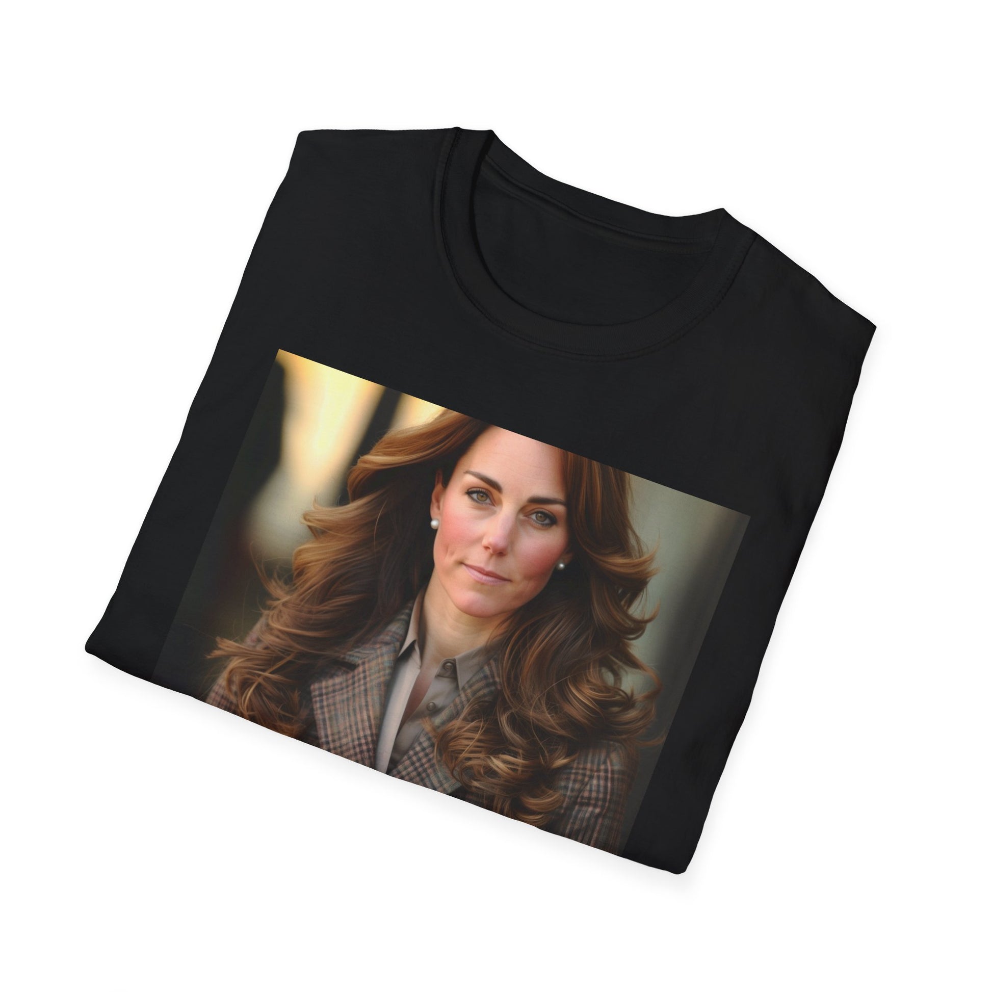 Royal Tapestry Kate Middleton T-shirt - Elegantly designed tee capturing the grace and legacy of Duchess of Cambridge. Featuring soft brushstrokes and sophisticated colors to embody her iconic style and unwavering commitment. Let her presence inspire your inner strength and timeless fashion sense.