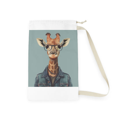 "Trendy Giraffe Hipster laundry bag with stylish glasses design, keeping clothes organized"