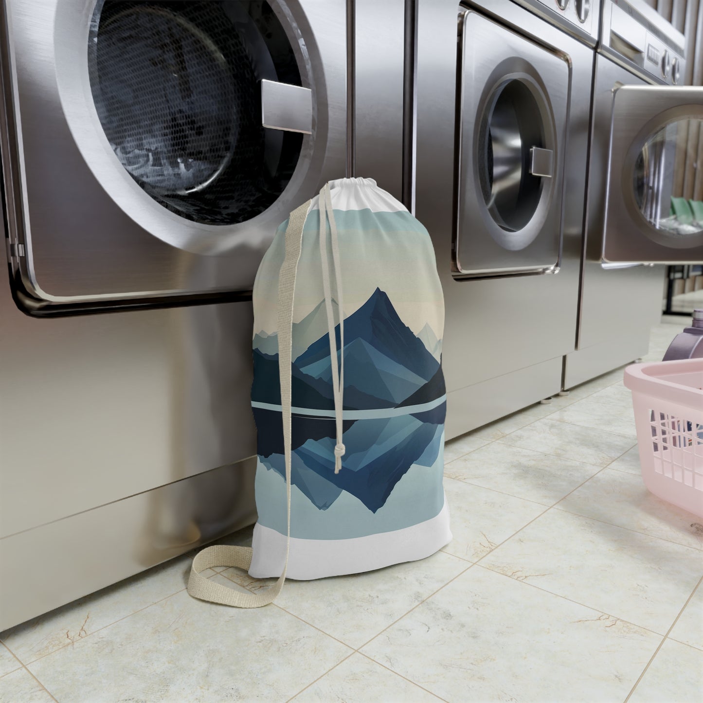 Minimalist mountain scene laundry bag, keep laundry organized in style with stunning landscape design.