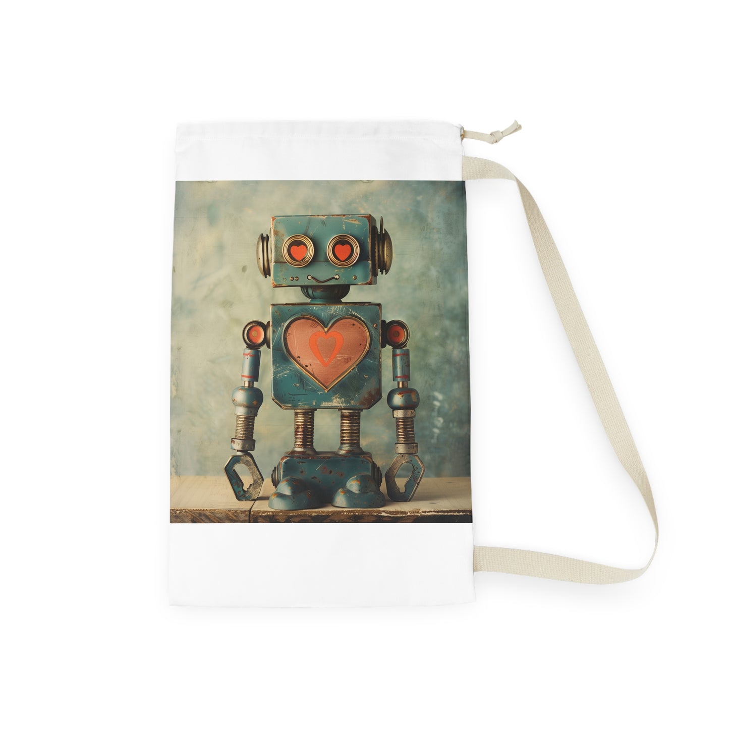 "Retro Robot Love Laundry Bag - Heart symbol design for stylish laundry organization"