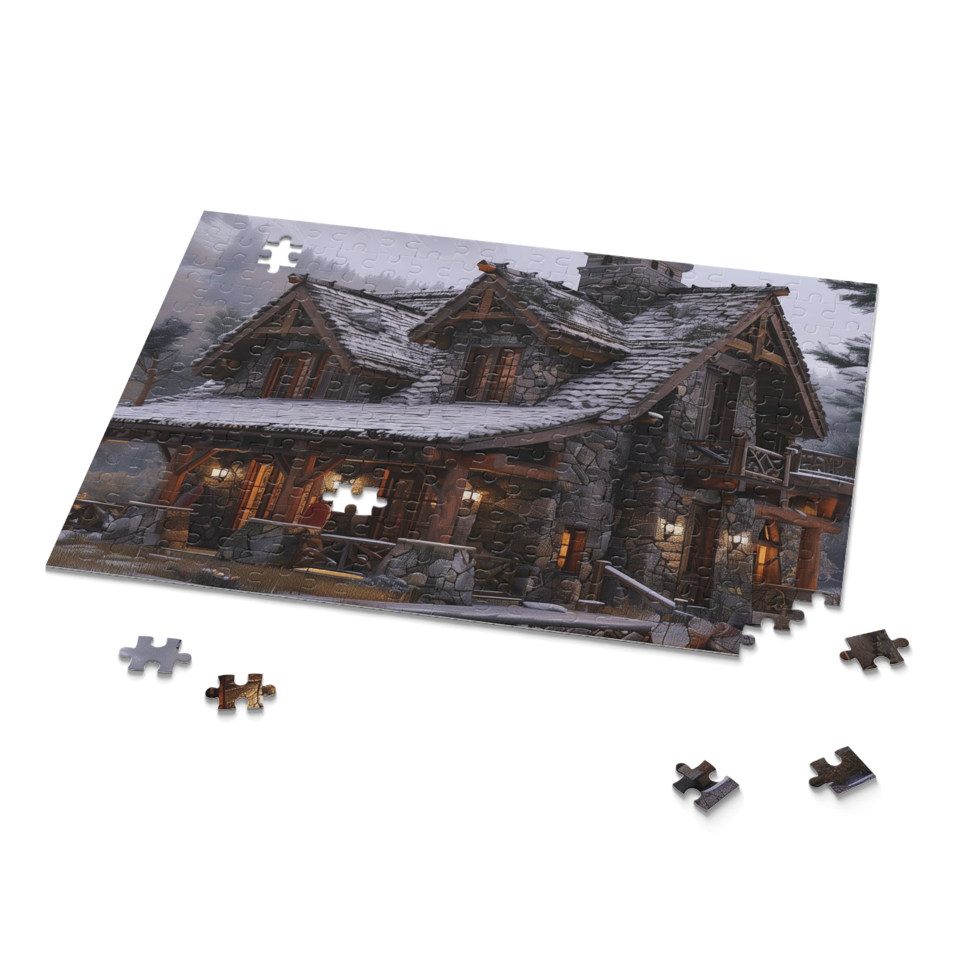 "Rustic Mountain Cabin Jigsaw Puzzle - Cozy retreat in tranquil mountains, perfect for relaxing challenge"