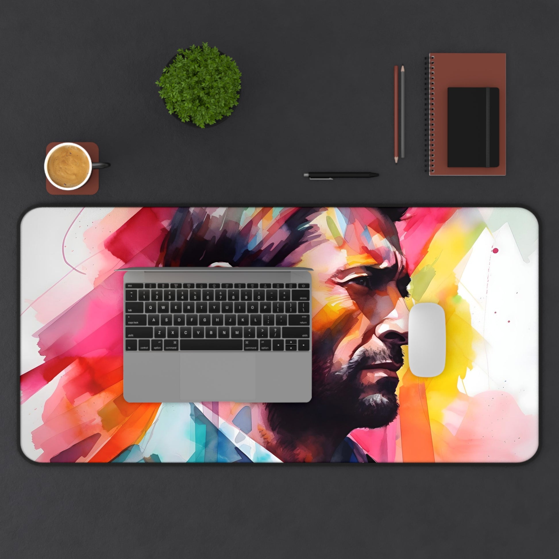 "Vibrant neon Hugh Jackman watercolor desk mat for stylish office setup"