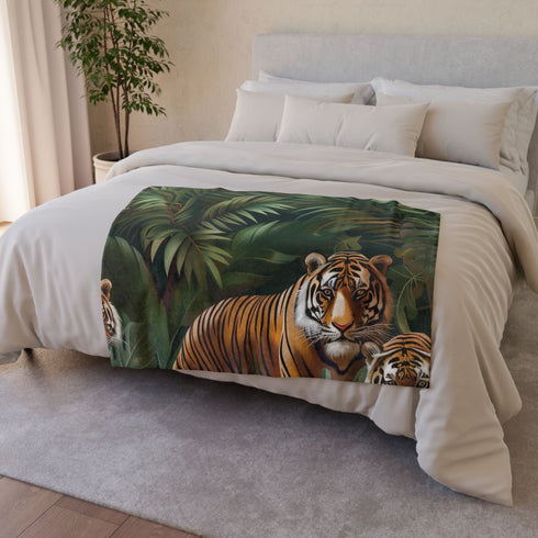 Tropical Jungle Safari Tiger Foliage Seamless Plush Fleece Throw Blanket - Product in Use Lifestyle View | Prints With Passion