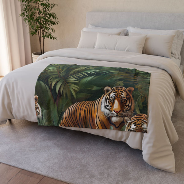 Tropical Jungle Safari Tiger Foliage Seamless Plush Fleece Throw Blanket - Product in Use Lifestyle View | Prints With Passion