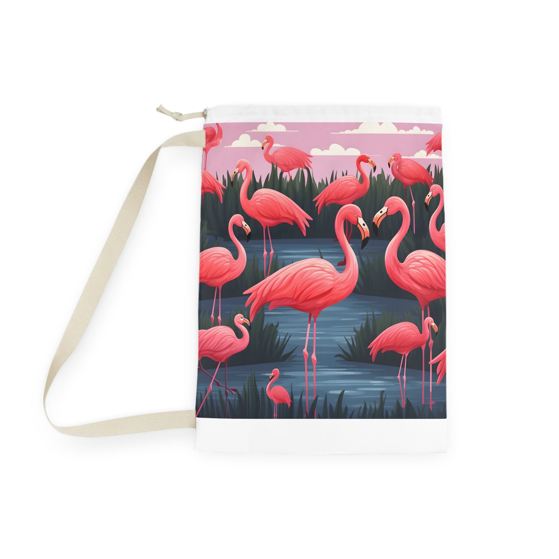 "Flamingo Fiesta Laundry Bag - Vibrant pink flamingo pattern, adds personality to laundry routine"