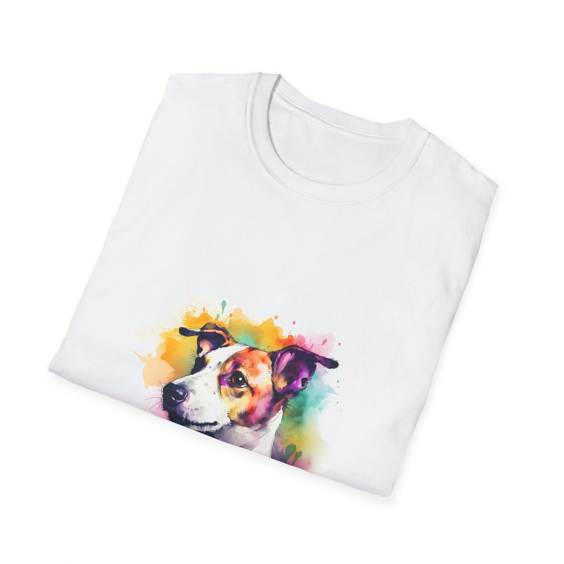 Alt text: "Cute Jack Russell Terrier 3 T-shirt capturing the adventurous spirit of a Jack Russell with bold brushstrokes and playful colors, perfect for dog lovers and explorers alike"