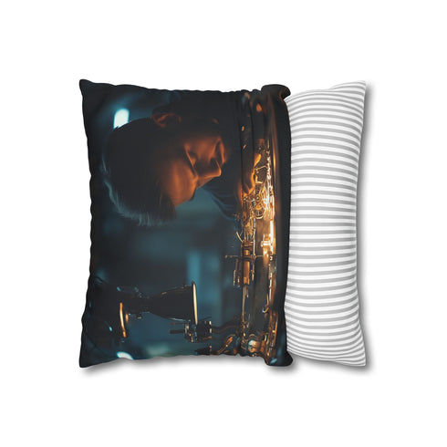 Watchmaker Assembling Time with Light (Edition II) — 40×40 Cushion Cover — Sofa & Living Room Lifestyle View