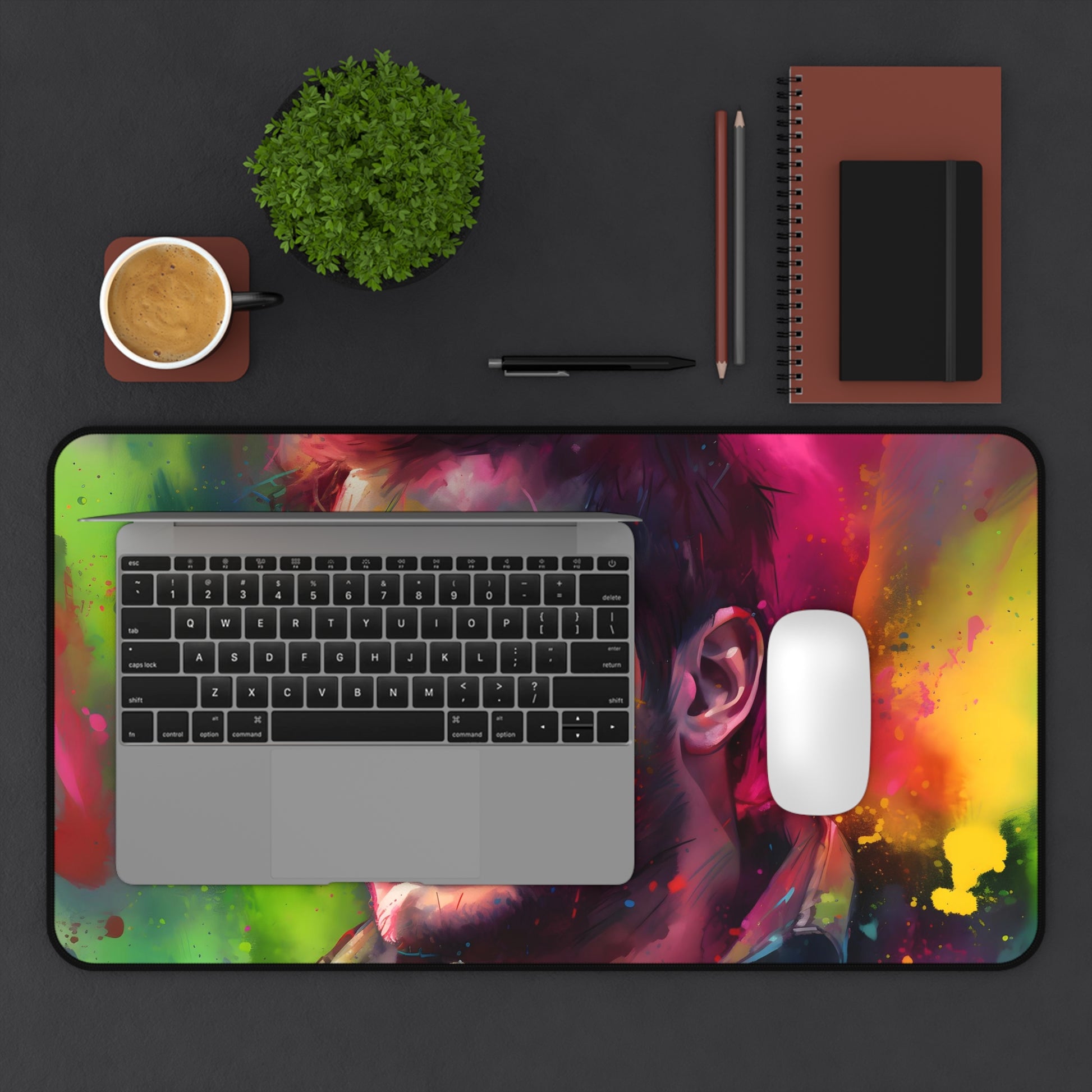 "Neon Chris Pratt desk mat with vibrant watercolor design, brighten up workspace with pop of personality"