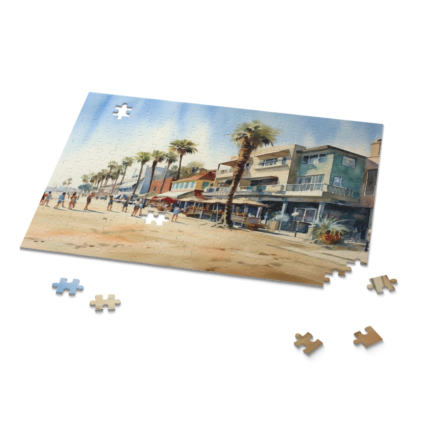 "Venice Beach jigsaw puzzle with boardwalk and palm trees, perfect for a relaxing day indoors"