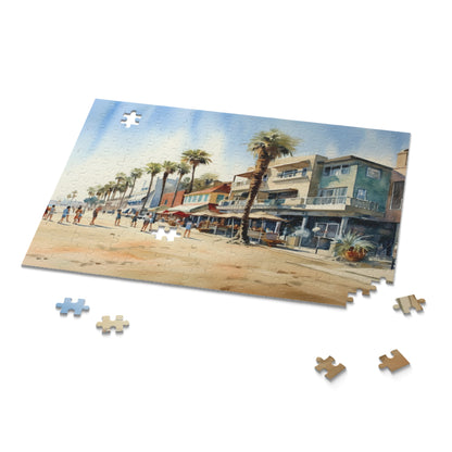 "Venice Beach jigsaw puzzle with boardwalk and palm trees, perfect for a relaxing day indoors"