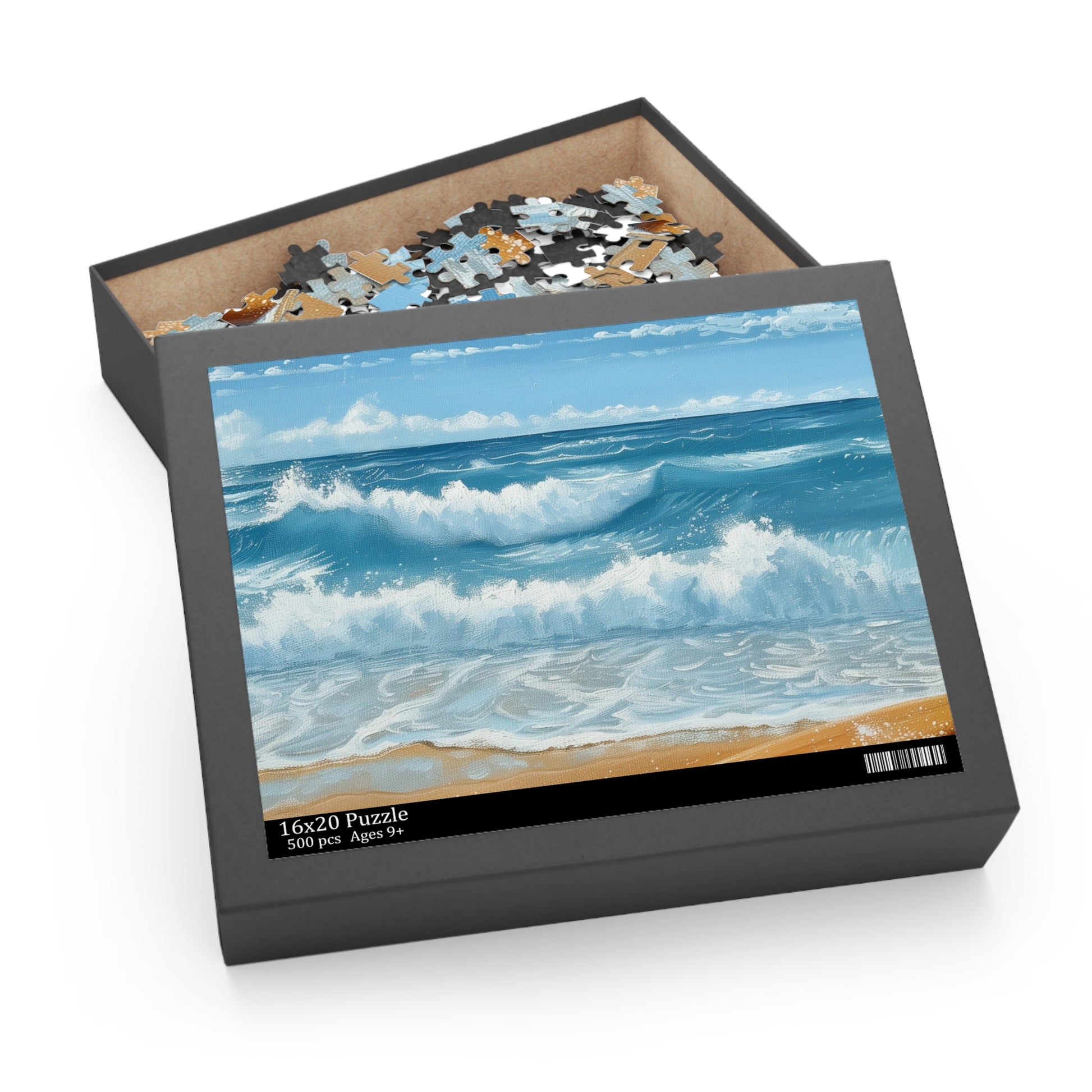 Serene wave crashing against surfboard jigsaw puzzle for relaxing beach escape.