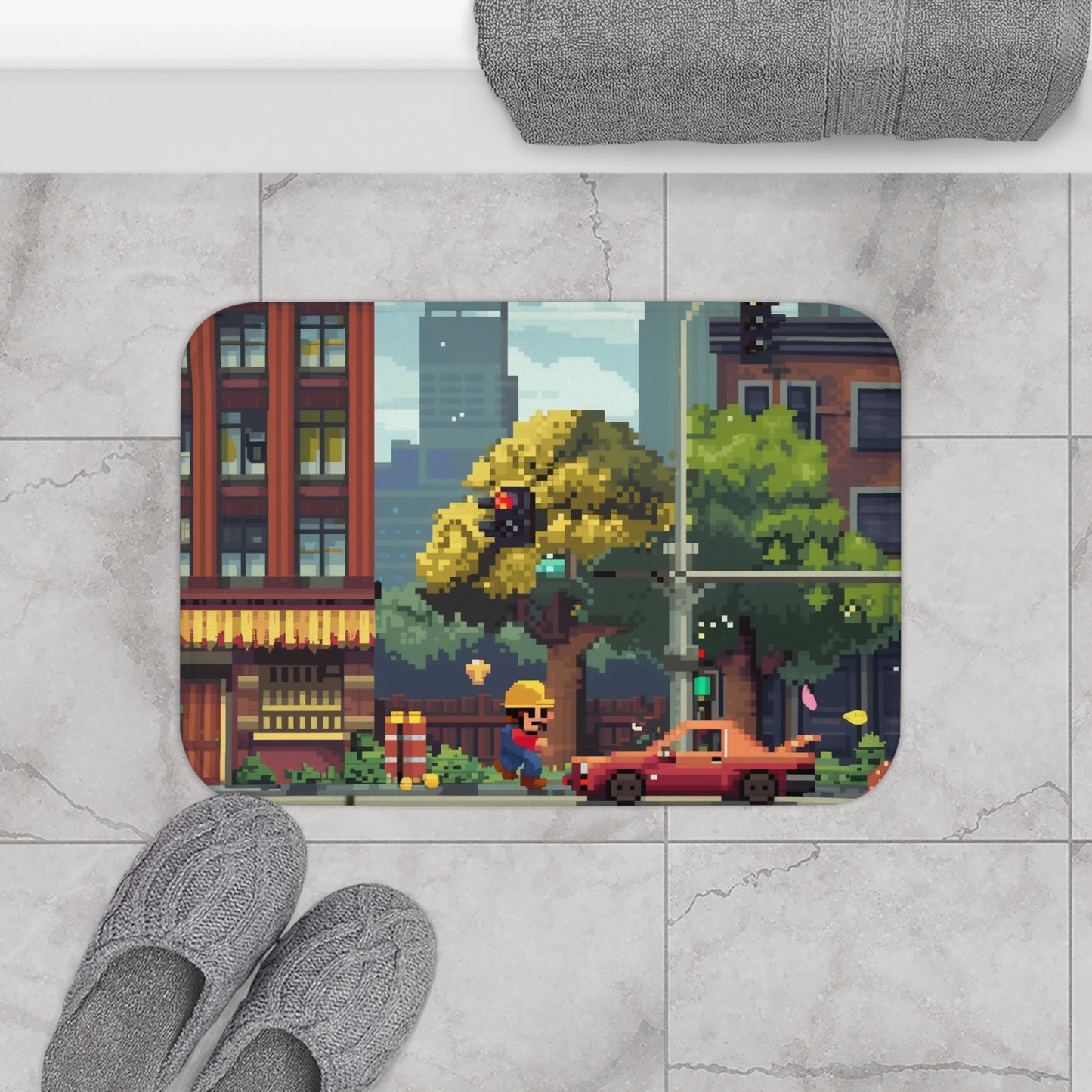 "8-Bit Blast Bath Mat - Retro Gaming Inspired Pixel Design - High-Quality and Stylish - Perfect Size for Any Bathroom - Makes a Great Gift - Available at BenCPrints"