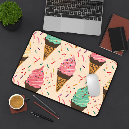 "Sprinkle Cone Desk Mat - Colorful ice cream cone pattern for workspace transformation"