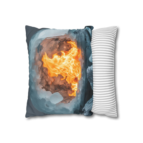 Frozen Planet with a Burning Core — 40×40 Cushion Cover — Soft Brushed Fabric Texture Close-Up