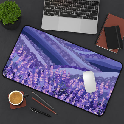 "Enhance your workspace with calming Lavender Fields desk mat, featuring seamless pattern of lush lavender florets for serene desk vibes."