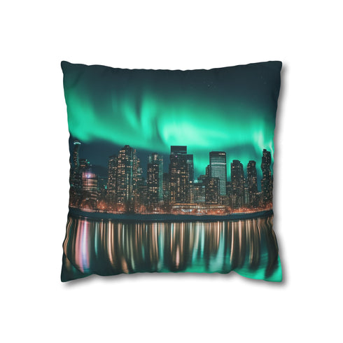 City Skyline with Aurora Behind — 40×40 Cushion Cover — Front 40×40 cm Square Cushion View