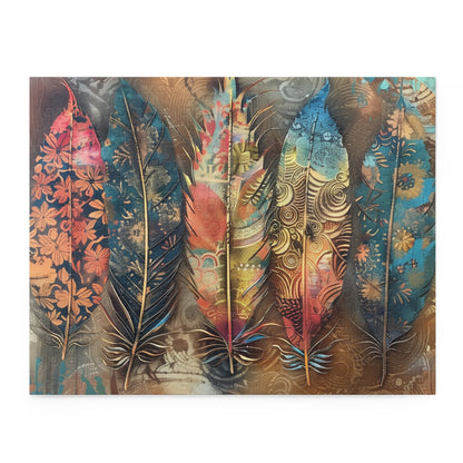 Colorful Bohemian feathers jigsaw puzzle with intricate designs and vibrant hues for a relaxing challenge