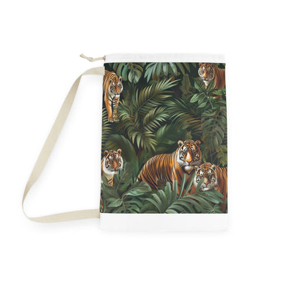 "Jungle Safari Tiger Laundry Bag - Seamless jungle pattern with majestic tigers, perfect for adventurous laundry routine"