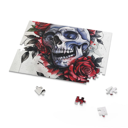 Gothic Skull Rose Jigsaw Puzzle - Intricate macabre design with beautiful roses, perfect for puzzle lovers.