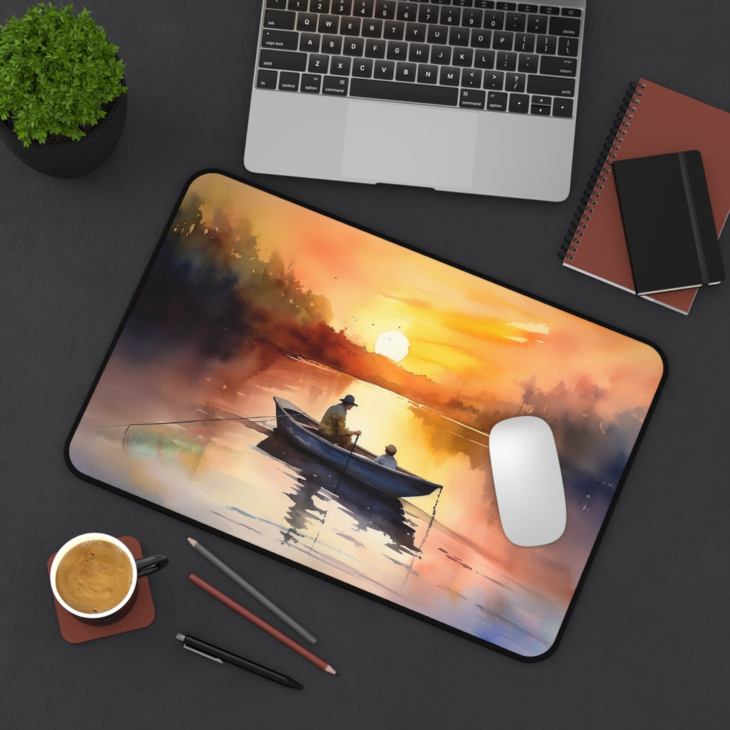 "Fisherman Sunset Desk Mat - Bring peaceful fishing sunset vibes to your workspace with stunning silhouette design"