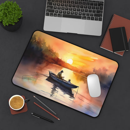 "Fisherman Sunset Desk Mat - Bring peaceful fishing sunset vibes to your workspace with stunning silhouette design"