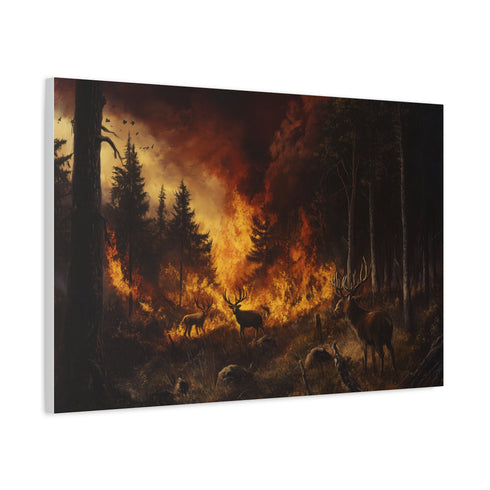 A Forest Fire Raging with Wildlife Fleeing Stretched Canvas Wall Art