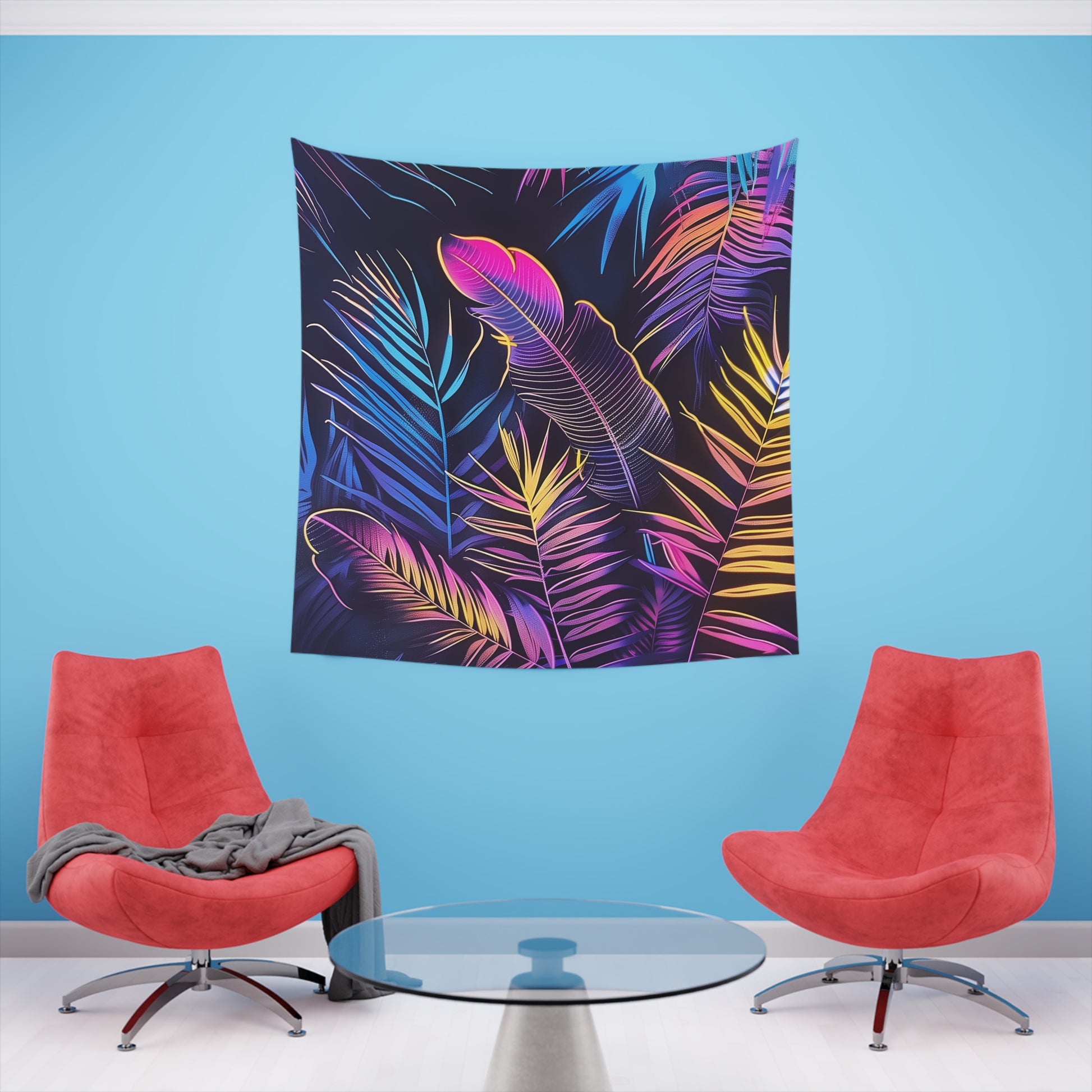 Electric Paradise: A Neon Tropical Tapestry | Wall Tapestry | All Over Print, AOP, Decor, Halloween, Home & Living, Home Decor, Indoor, Spring Essentials, Sublimation, Tapestry | Prints with Passion