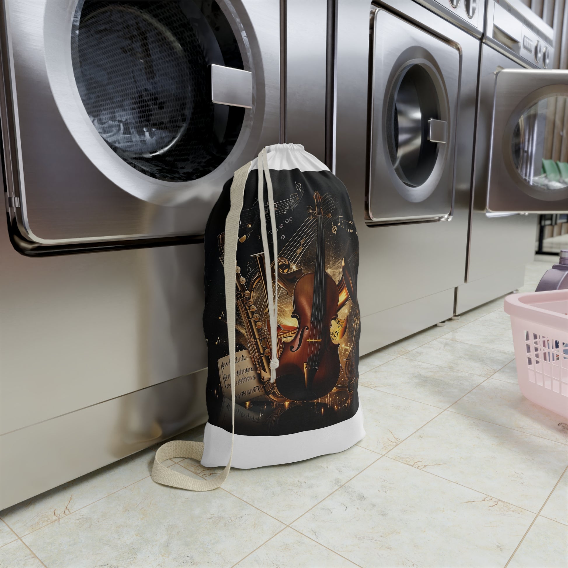 "Music notes laundry bag with vibrant print, perfect for music lovers - stylish and practical"