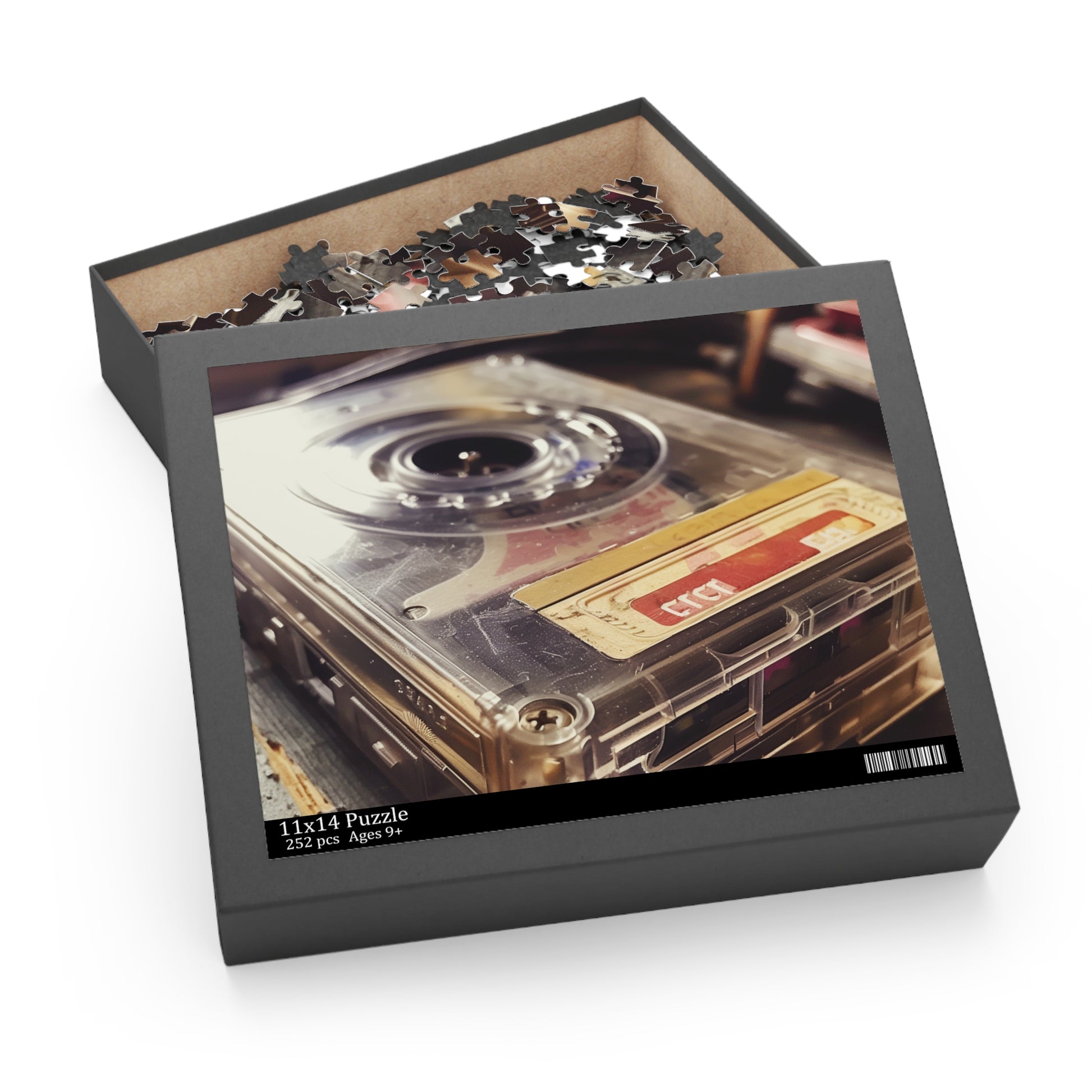 Vintage cassette tape jigsaw puzzle with vibrant colors and intricate details, perfect for music lovers.