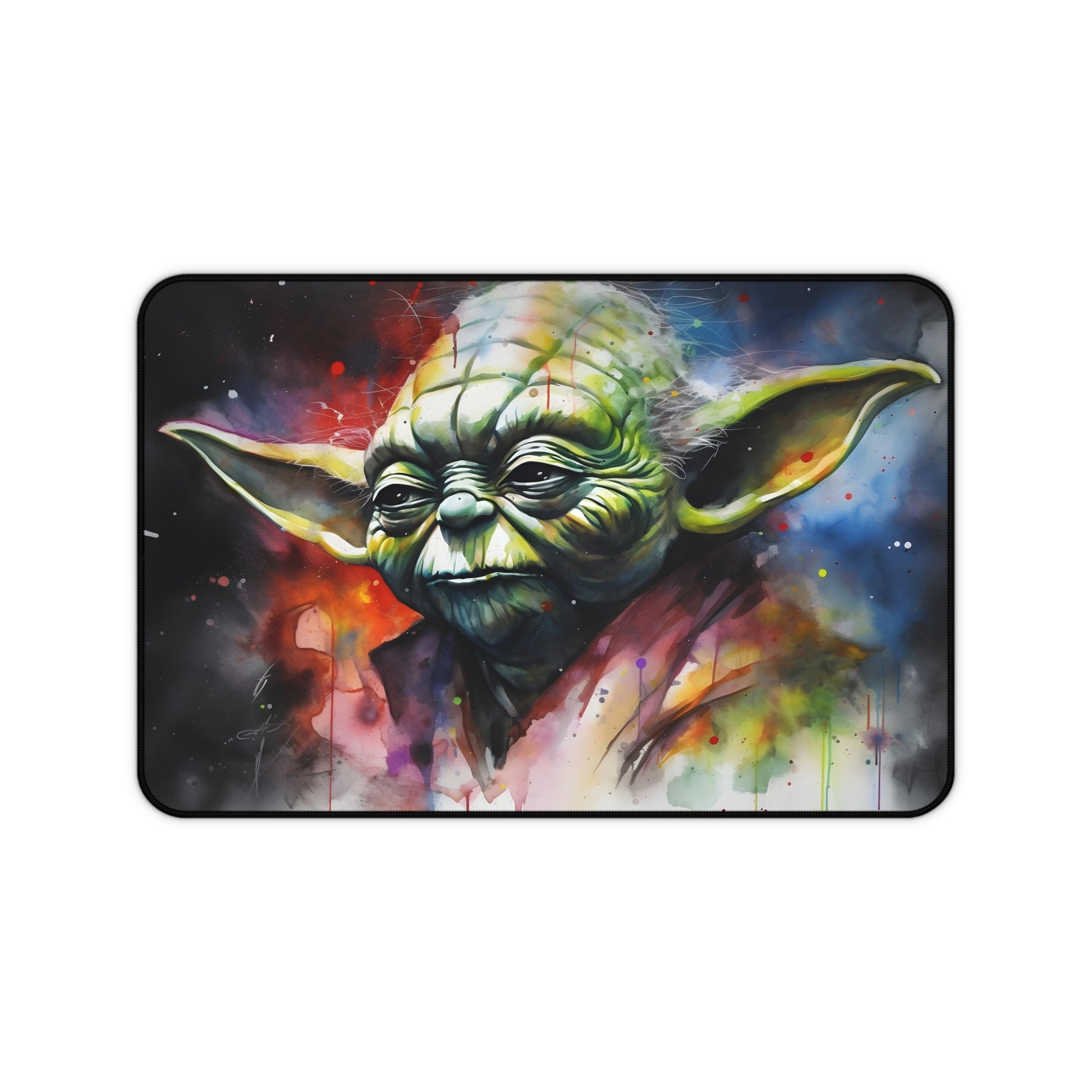 "Yoda watercolor desk mat with vibrant neon colors for stylish Star Wars fans"