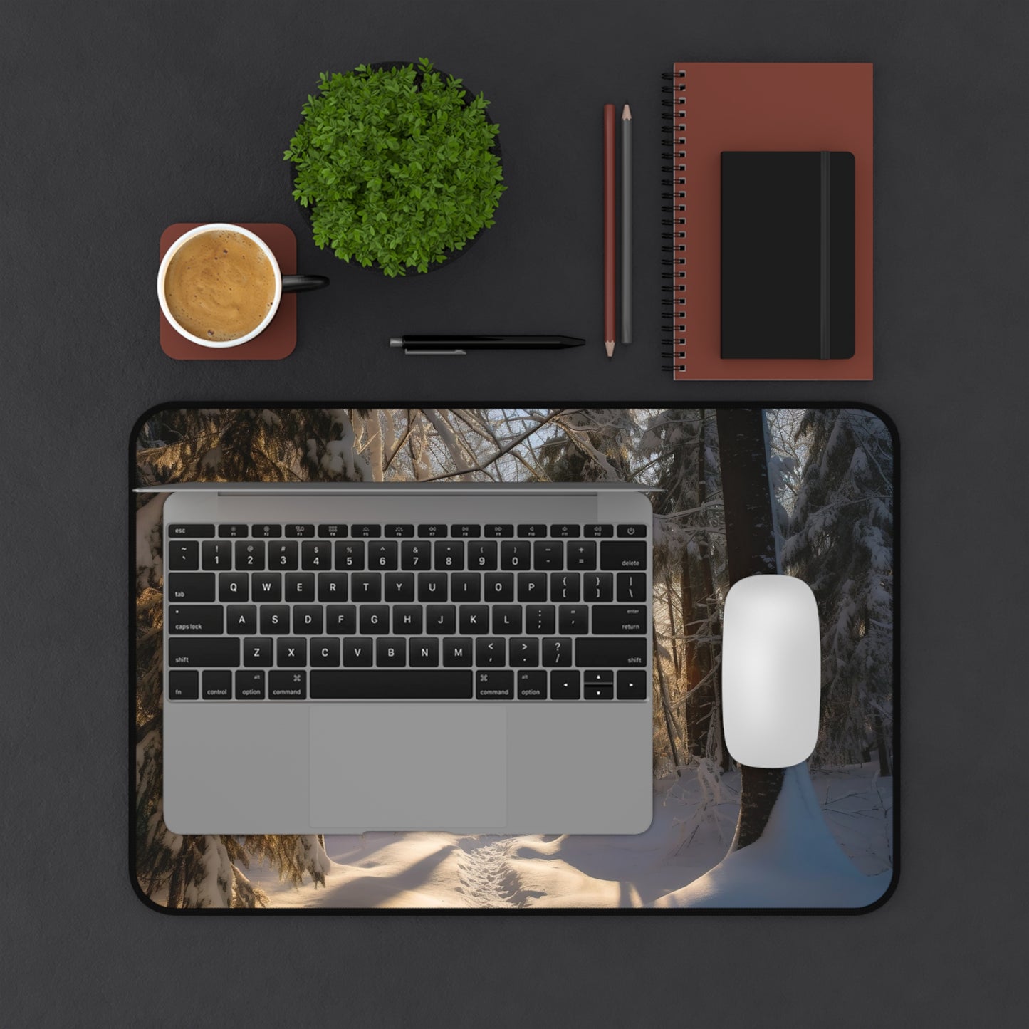 "Transform your workspace with Winter Forest Desk Mat for serene productivity"