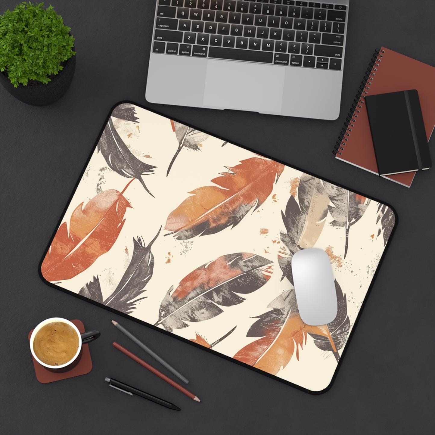 "Boho Feathers Desk Mat - Stylish earthy tones seamless pattern, bohemian charm for workspace"