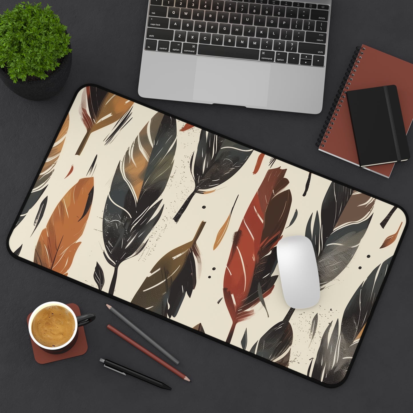 Boho Feather Desk Mat - Earthy feather pattern for a stylish workspace, keep desk clean with bohemian touch