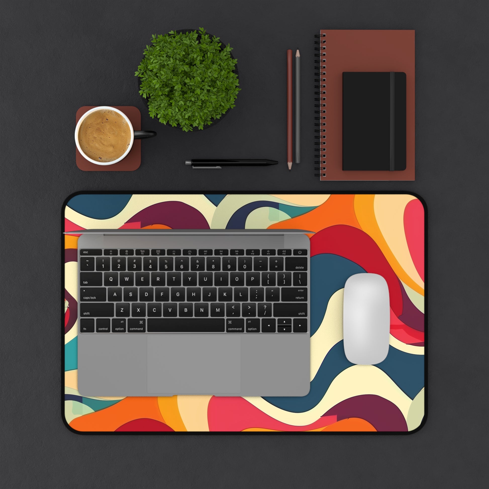 "Vibrant Retro Waves Desk Mat - Stylish protection for your workspace from scratches and spills"