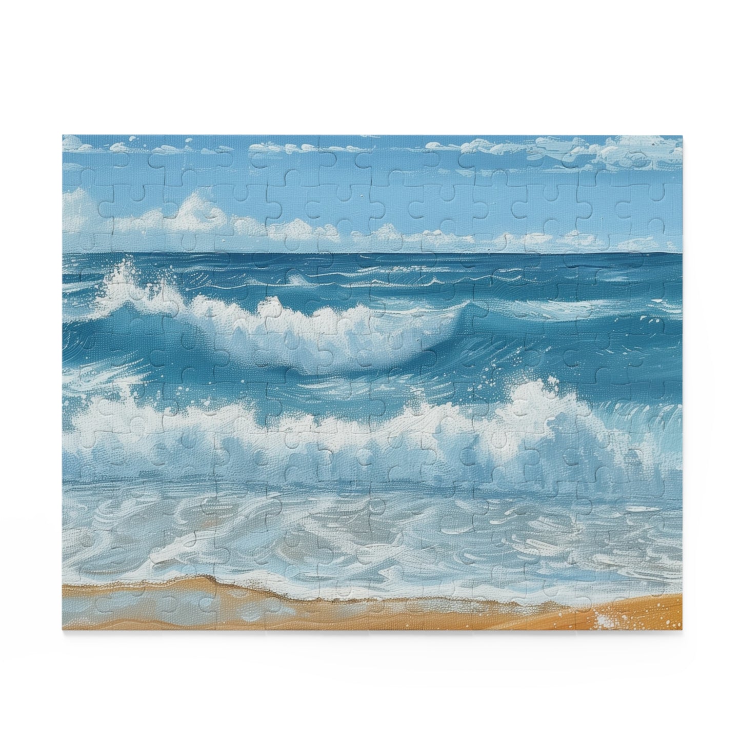 "Serene wave crashing against vibrant surfboard in Surf's Up Puzzle"