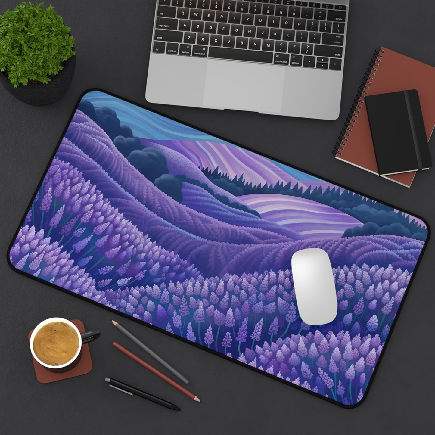 "Transform your workspace with Lavender Fields desk mat, featuring delicate flowers for tranquility and beauty"