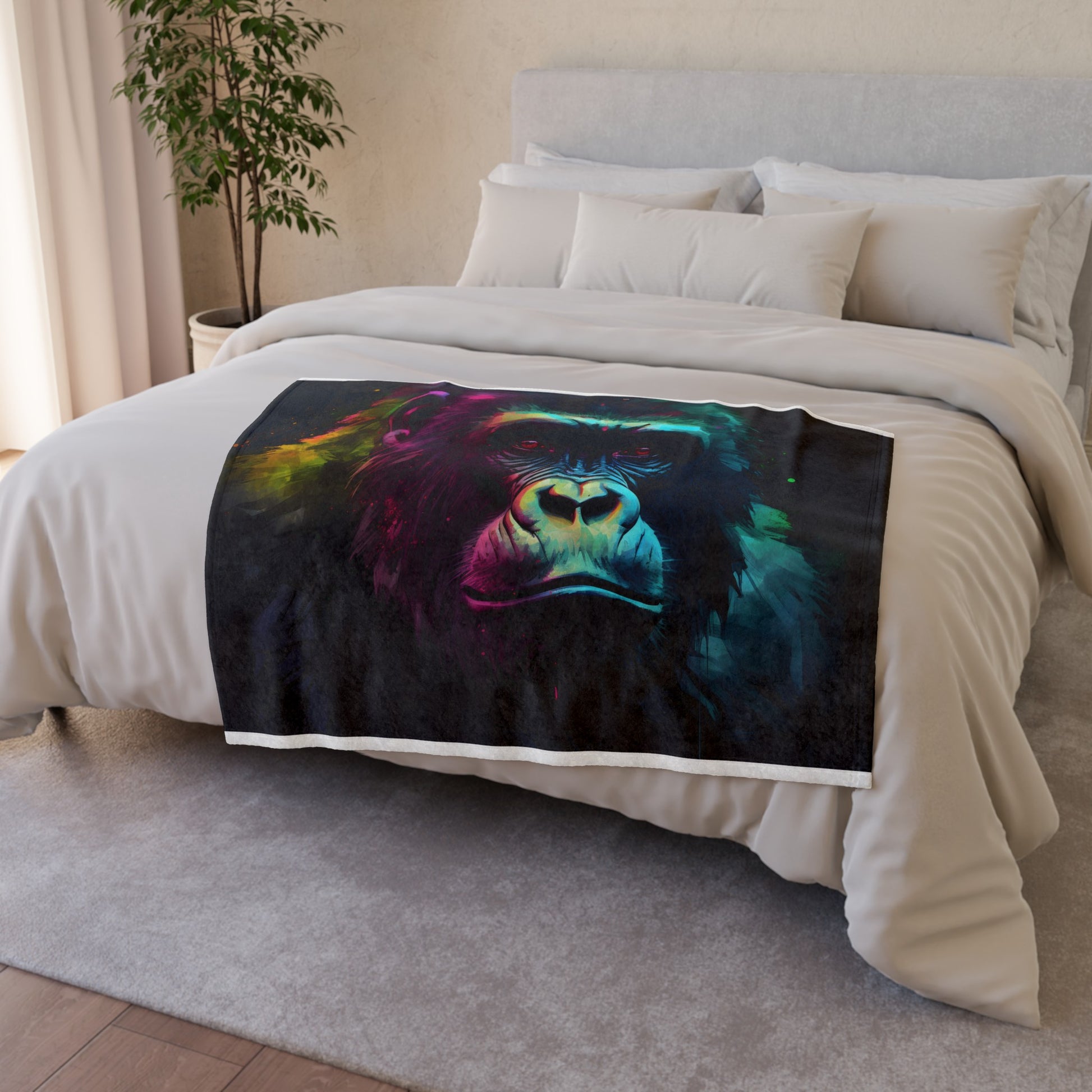 Experience the fierce beauty and wisdom of the wild embers with our Neon Jungle Majesty Blanket featuring a stunning watercolor gorilla portrait inspired by Nikita Gill's powerful words. This blanket will bring a touch of the jungle into your home while adding an artistic flair to your space.