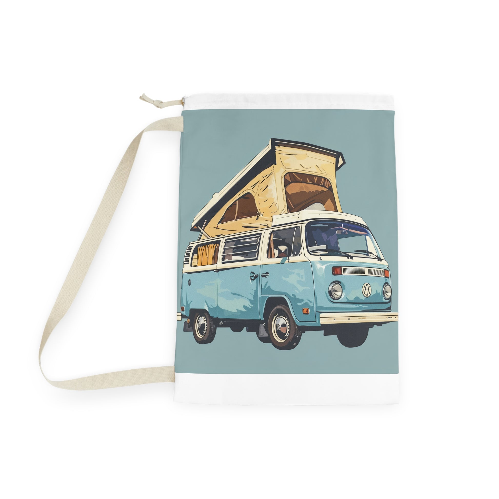 Light blue retro camper van laundry bag for transporting laundry in style and adding a pop of fun to your routine.