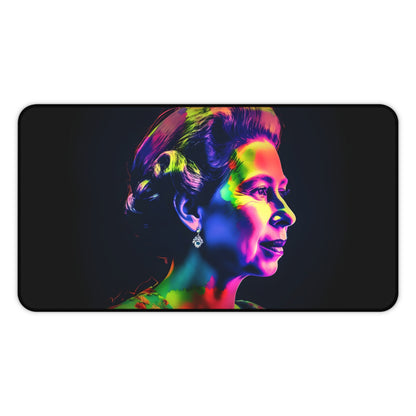 "Queen Elizabeth Neon Desk Mat - Vibrant watercolor image of young Queen Elizabeth II, regal office decor"