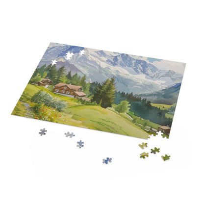 Swiss Alps Watercolor Puzzle - Vibrant and detailed jigsaw puzzle capturing the beauty of the Swiss Alps