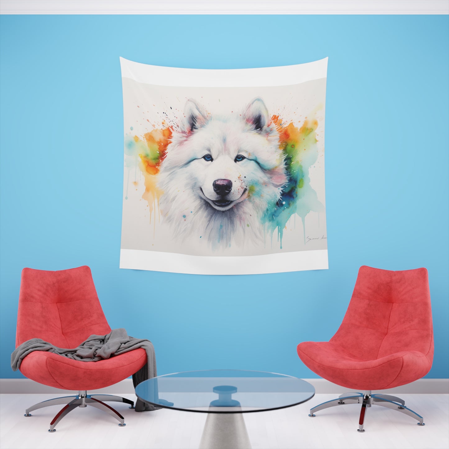 Samoyed Smiles: A Watercolor Tapestry | Wall Tapestry | All Over Print, AOP, Decor, Halloween, Home & Living, Home Decor, Indoor, Spring Essentials, Sublimation, Tapestry | Prints with Passion