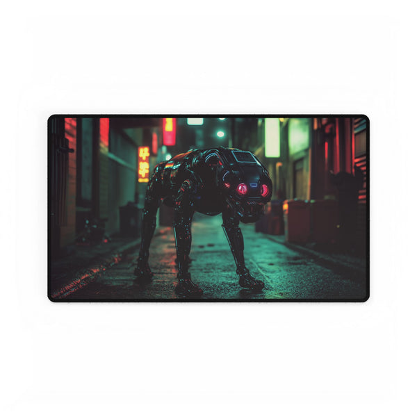 Robot Dog in Neon Lit Alley — XL & XXL Desk Mat — Gaming & Workspace Desk Setup View