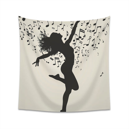 "Graceful dancer's tapestry with flowing musical notes, high-quality material, perfect for all seasons. Makes a great gift. Available in 34" x 40" and 57" x 57" sizes. Shop now at BenCPrints."