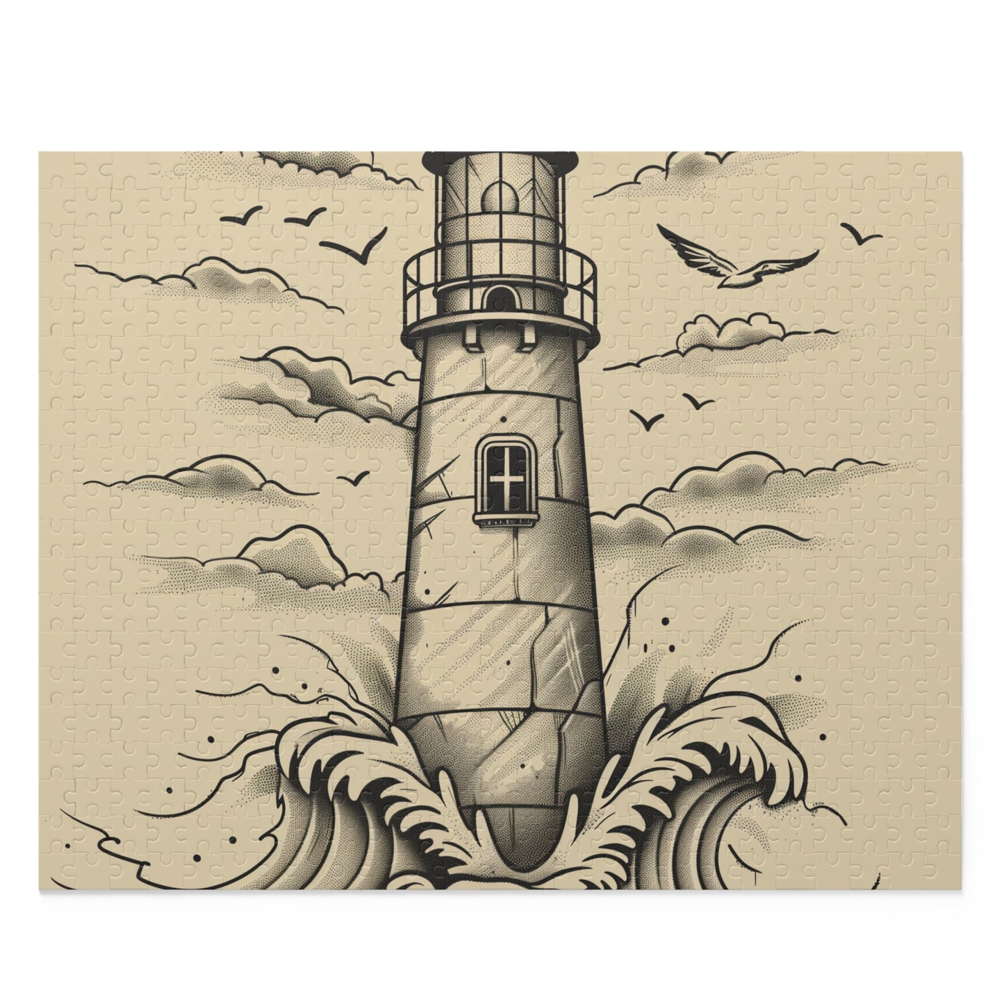 Lighthouse and Waves Coastal Jigsaw Puzzle for Beach Lovers and Enthusiasts