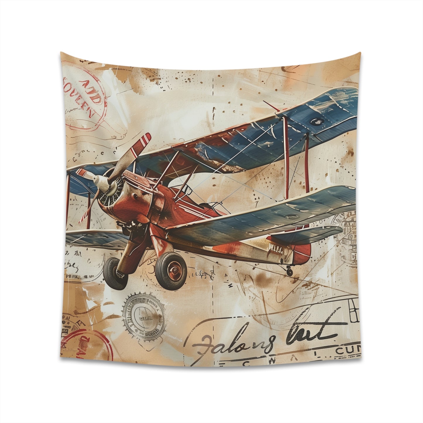 Vintage Travel Tapestry featuring classic airplane and travel stamps. High-quality, stylish, and perfect for all seasons. Ideal gift. Size: 34" x 40" or 57" x 57". Explore more at BenCPrints.