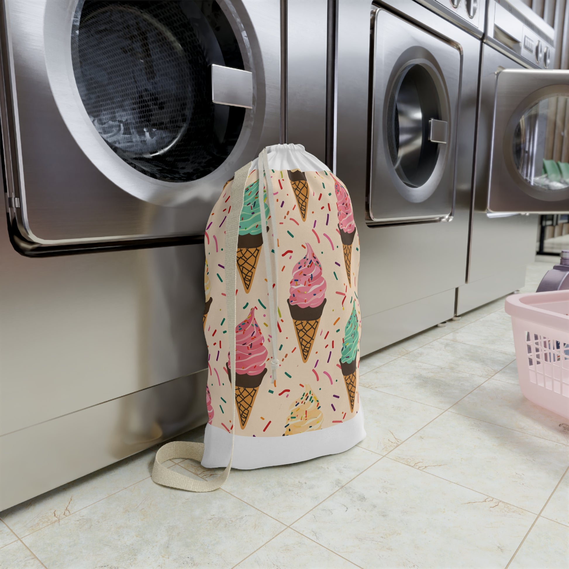 "Sprinkle Cone Laundry Bag - Vibrant ice cream cone and sprinkles pattern, whimsical addition to laundry routine"