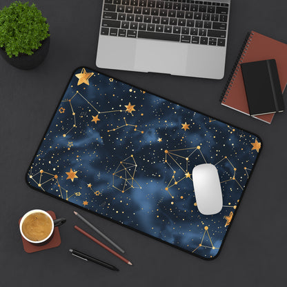 "Starry Night Desk Mat with Constellation Stars pattern, elevate your workspace with celestial vibes"