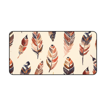 Boho Feathers Desk Mat - Stylish seamless pattern to protect and add flair to your workspace.